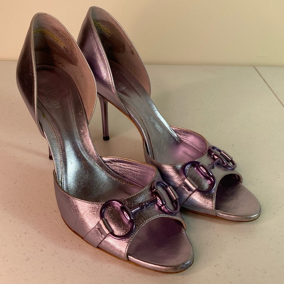 Gucci Shoes Gucci Horsebit Purple Metallic Peep Toe Heels Poshmark